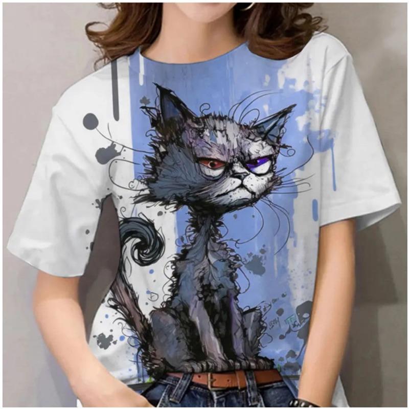 Freizeit Sport Damen T-Shirt Top Sommer Neu Rundhals Kurzarm 3D Druckelement Katzenmuster Damen T-Shirt Kleidung