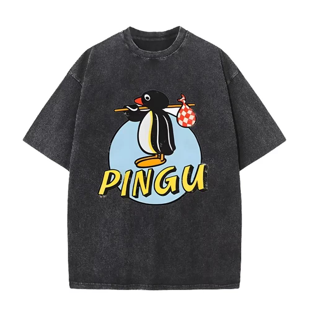 Funny Pingu the Penguin Cartoon Print Washed Beige Streetwear T Shirt