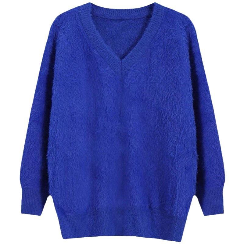 Gentle Solid Color Pullover Loose Lazy Wind V-neck Imitation Mink Fleece Sweater Women's Autumn and Winter New Models Look Thin and Fashionable