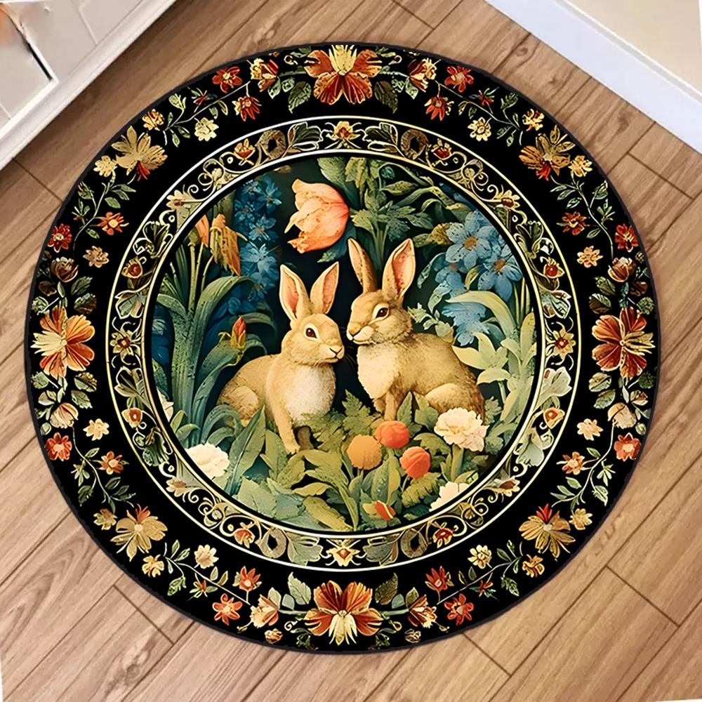 

Cute Rabbit Round Carpet Ethnic Style Flowers Bunny Area Rug Soft Non-slip Animal Home Decor Floor Mat Holiday Living Room Decor 80cm