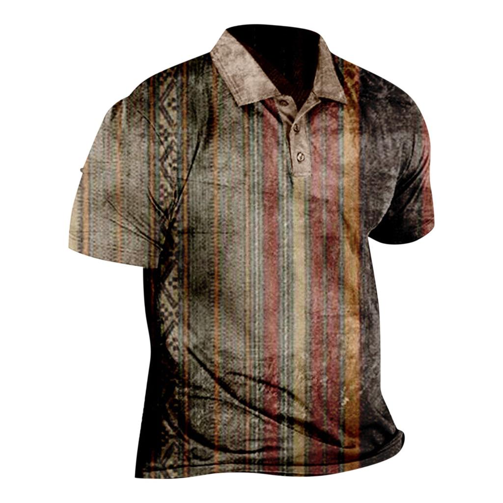 Western  Men's Top Printed Short Sleeve Flip Tie Button Fashion Loose Shirt