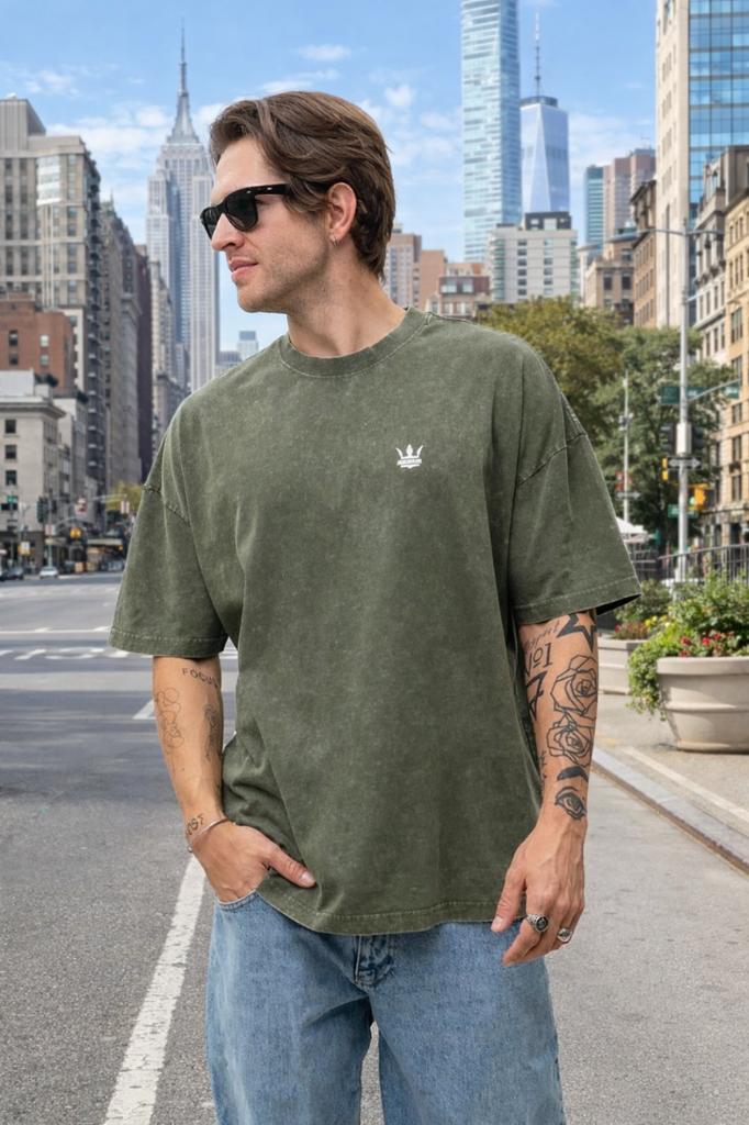 Jigga Wear Mini Crown Men's Oversized Short Sleeve T-Shirt Olive Washed M