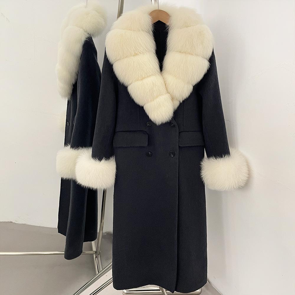 Atmosphere Detachable natural real fox fur collar wool coat women's new winter warm woolen coat