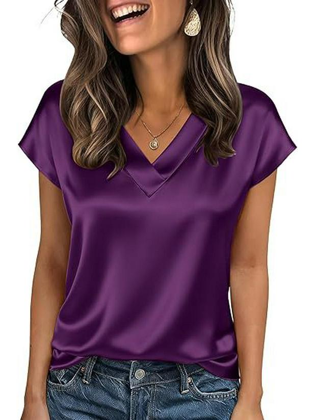 2026 Vår/Sommar Elegant Silke V-ringad Kortärmad Dam T-shirt