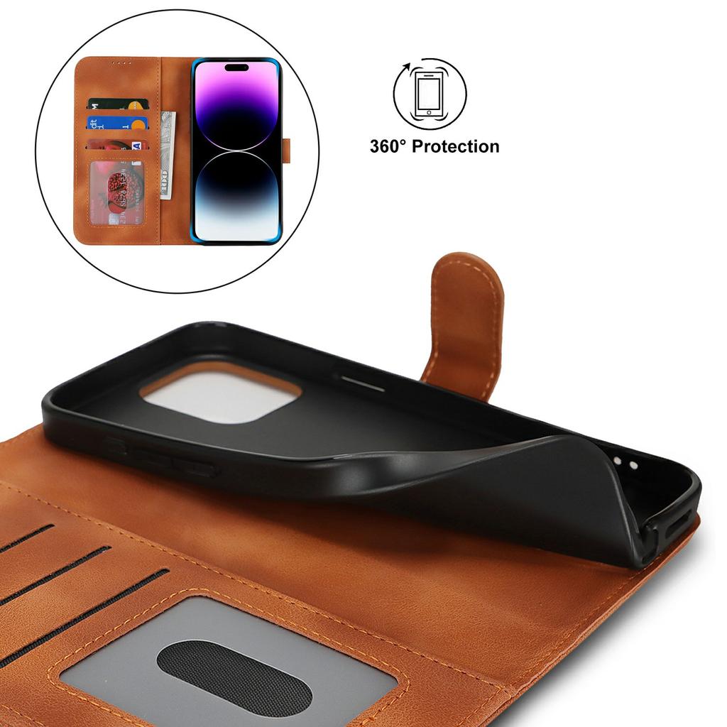 For iPhone 14 Pro Max Wallet Case Double Folded Edge Skin Touch PU Leather Flip Phone Cover