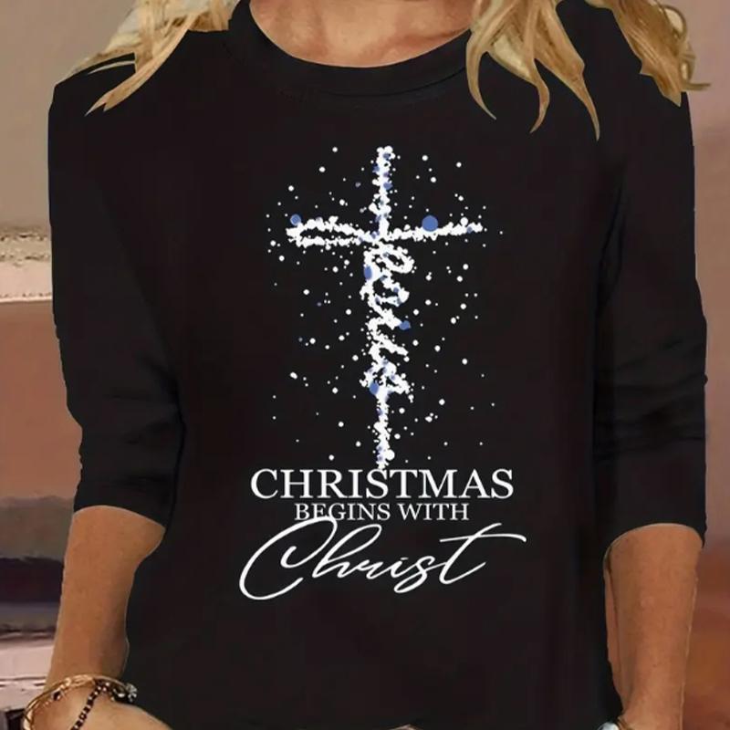 

Tops For Women White Crosses Print Round Neck Long Sleeve T-shirt Fall Casual Slim Pullover Women s Long Sleeve Top 8XL жовтий