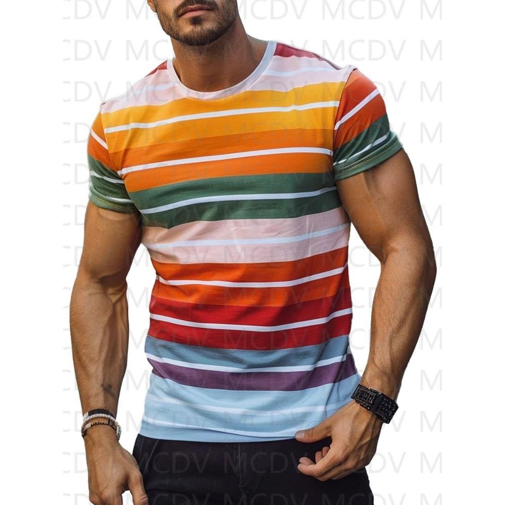 Men s Crew Neck Rainbow Stripe Printed Casual Short-Sleeve T-Shirt Summer Top M