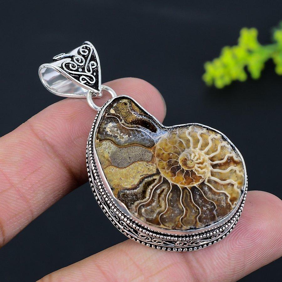 Ammonite Fossil Gemstone 925 Sterling Silver Gift Jewelry Pendant 2.25"