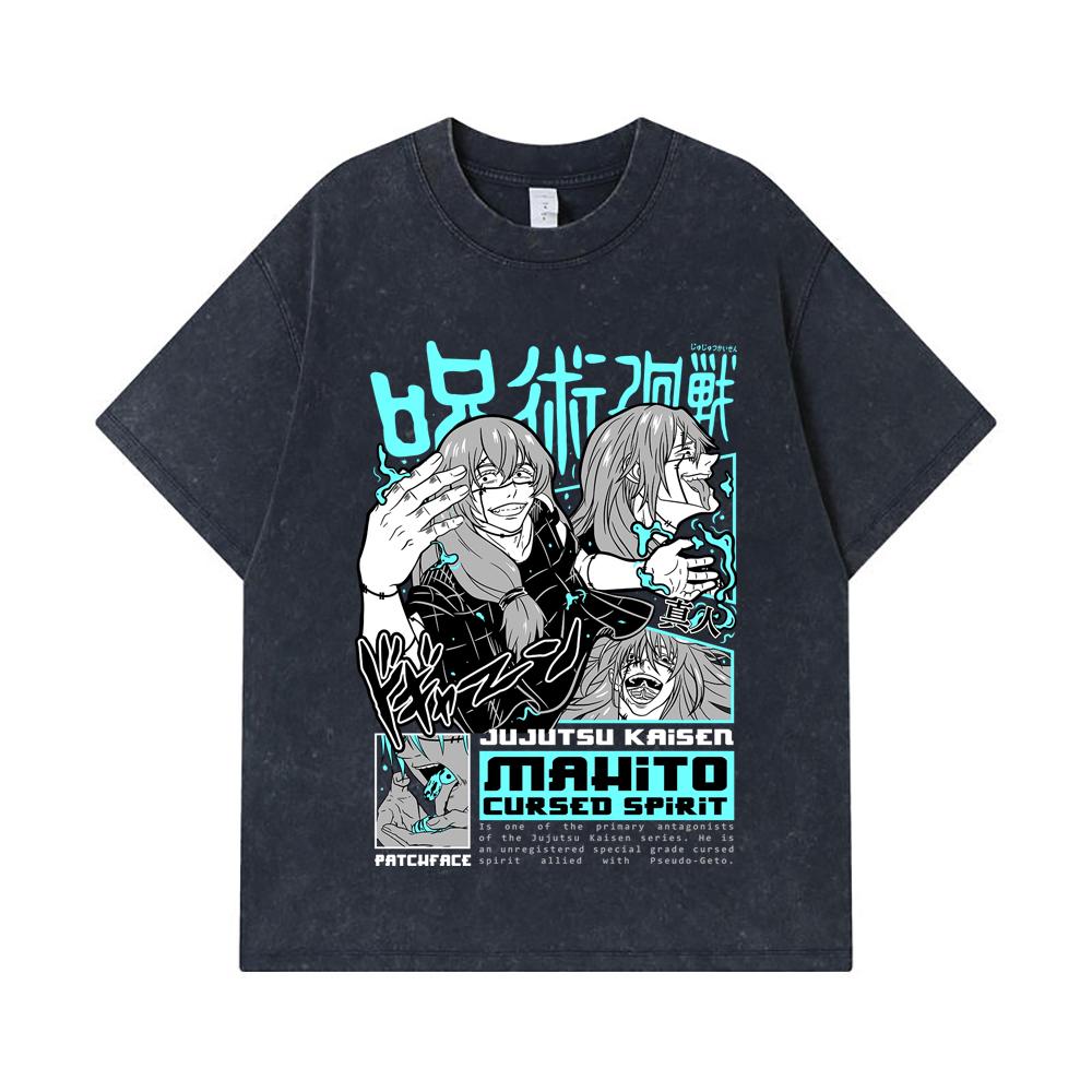 275 GSM Washed T-shirts 100% Cotton Jujutsu Kaisen V63 Mahito Print Unisex Heavy Cotton T Shirt