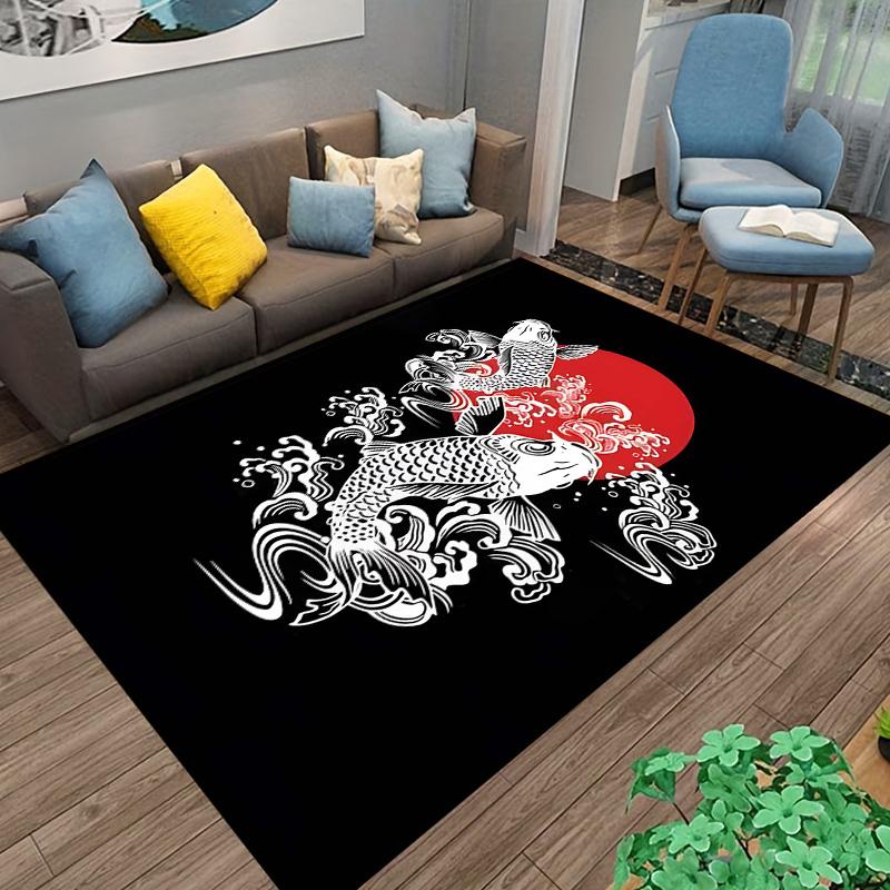 Koi Fish Rug with Wave Pattern and Red Sun Background Suitable for Use As an Anti-slip Game Mat for Living Room and Bedroom Sofas