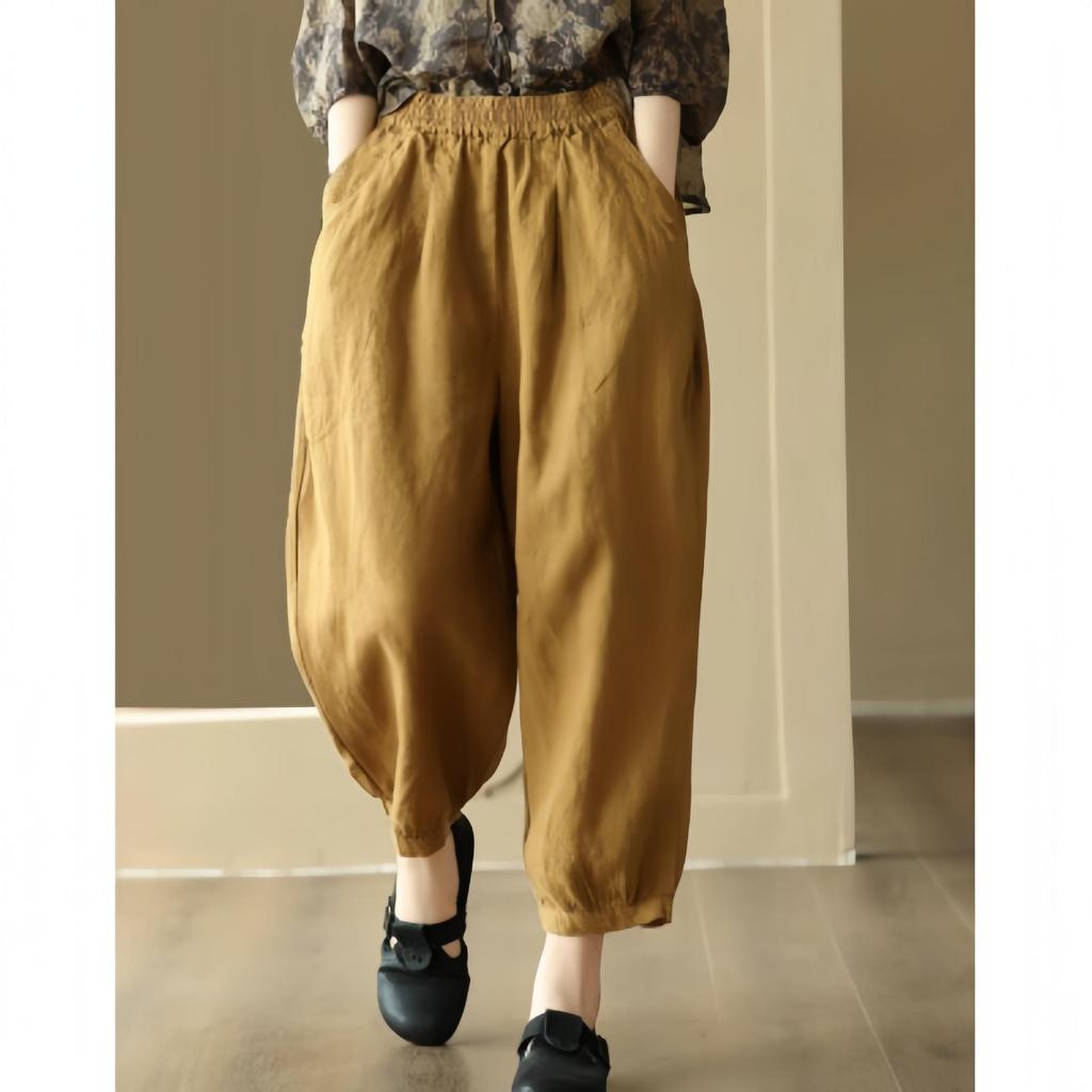 Pantaloni a Nove Punti Retro a Gamba Larga in Cotone e Lino con Vita Elasticizzata per Taglie Forti
