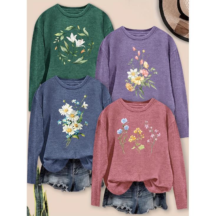 Elegant women's clothing with beautiful lines and floral print patterns, casual round-neck long-sleeve for spring, summer, autumn, and winter4Pieces