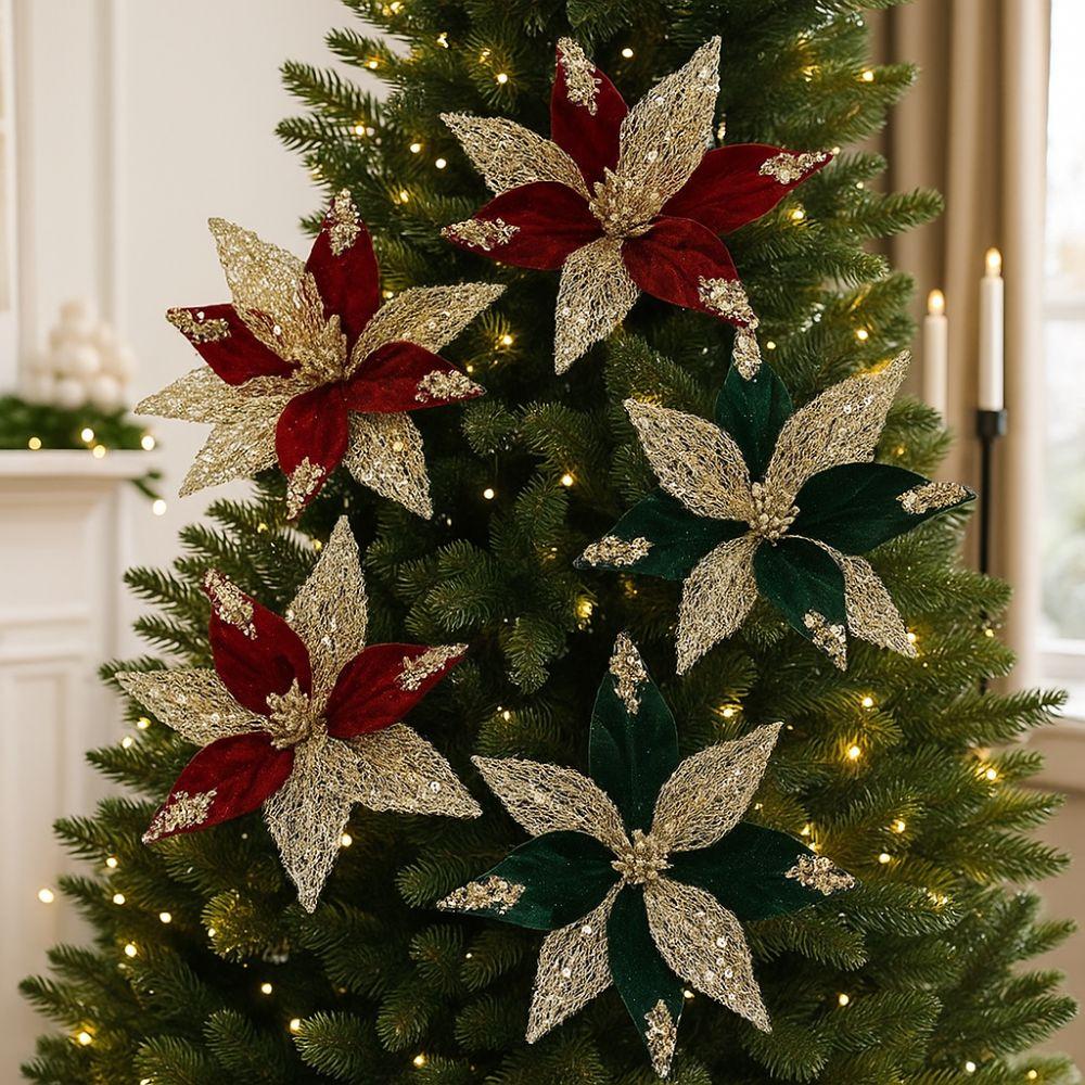 29cm Christmas Poinsettia Velvet Xmas Tree Ornaments Artificial Christmas Flower  Christmas Tree