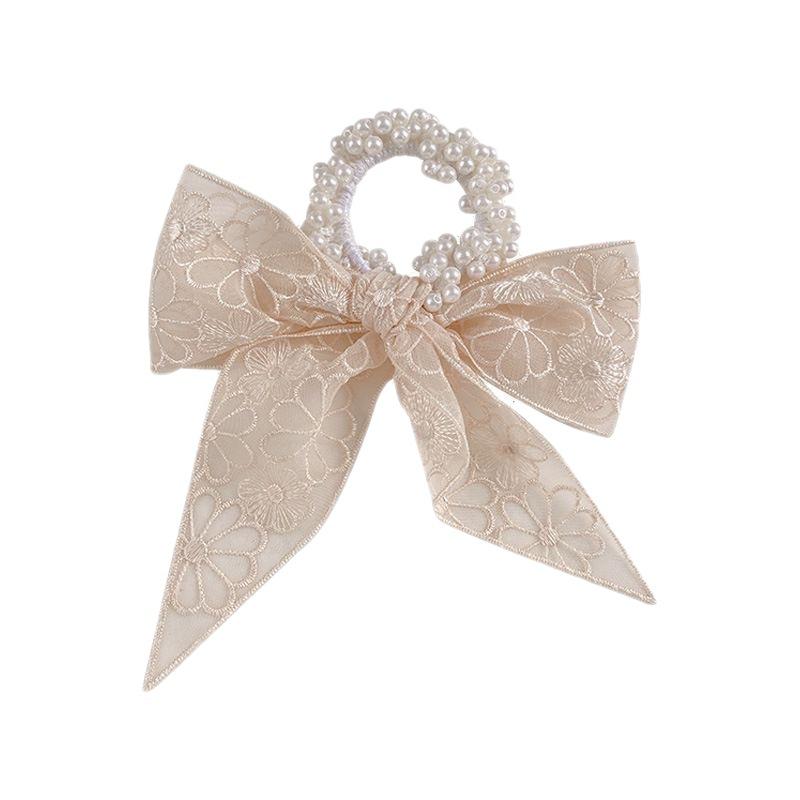Lace Pearl Hair Ring New French Bow Headrope Temperament Ribbon Tie Hair Band Fairy Ornament Hair Accessories for Women