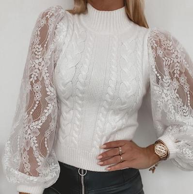 Ženy, jeseň a zima, sexy polovysoký výstrih, prešívanie, čipka, sveter, rukáv, sveter