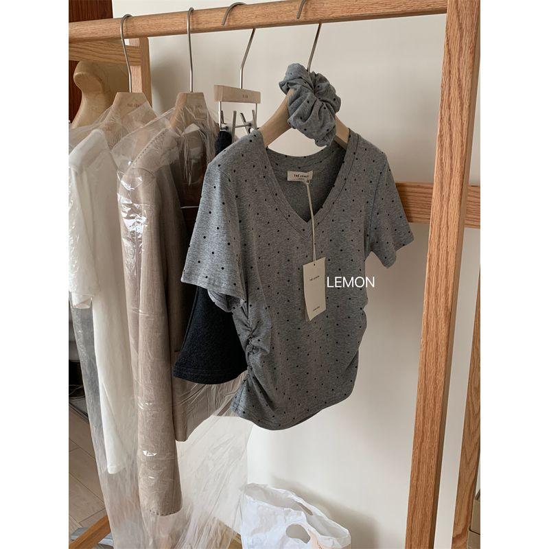 

Ретро Серая Футболка с V-образным вырезом и отделкой талии в горошек Gray with hair ring One size