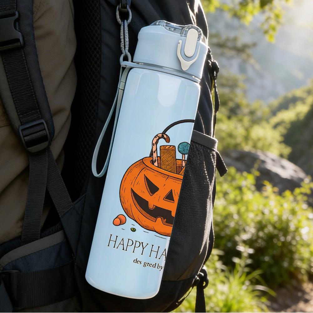 1PC Happy Halloween Pumpkin Bucket 750ml Color Plastic Sports Water Bottle Leakproof Flip Straw Lid Suitable for Sports Office Home Use