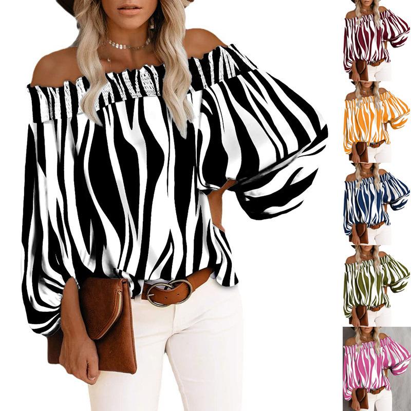 Summer and Autumn New Striped Sexy Fashion One-shoulder Chiffon Shirt Shirt Women