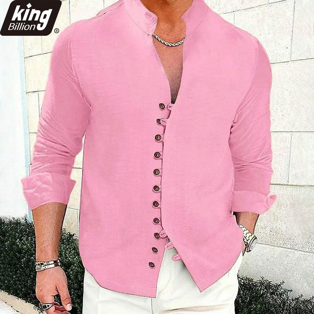 Men's Linen Blend Mandarin Collar Shirt - Asymmetric Button Placket Long Sleeve Casual Lightweight Summer Beach & Daily Top