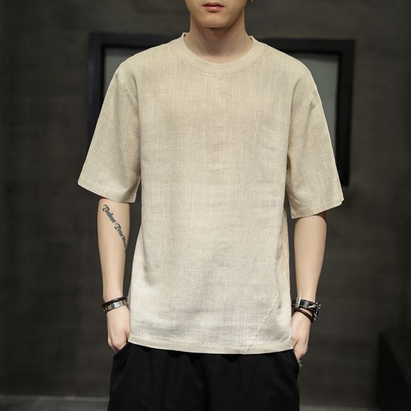 Men Summer Beige Linen Blend Half Sleeve Crew Neck Casual Loose Fit M жёлтый