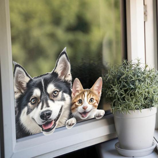 Peeping Husky Cat Window Sticker UV-Resistant Waterproof PVC Removable Dog Kitten Glass Door Decorative Decal