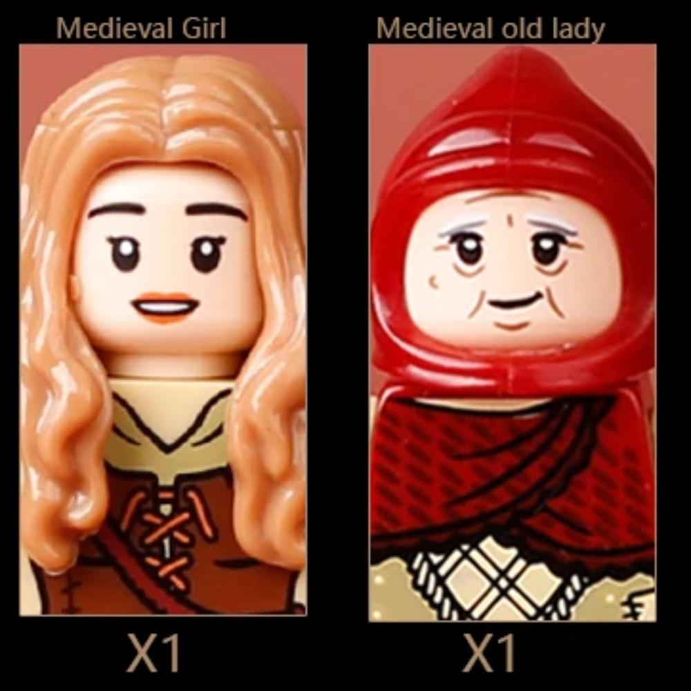 MOC Medieval Villager Figures Witch Blacksmith Farmer Building Blocks Peasant Old Lady Hoe Hammer Soldier Bricks Toys Kids Gift