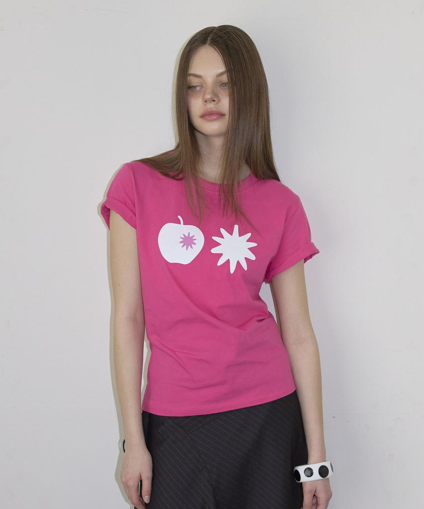 Nyuyogwogseu Apple Print Short Sleeve T-Shirt_Hot Pink