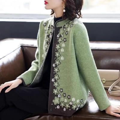 New Autumn and Winter Women's Spliced   Stand Collar Button Printed Fashionable Casual Knit Sweater Cardigan