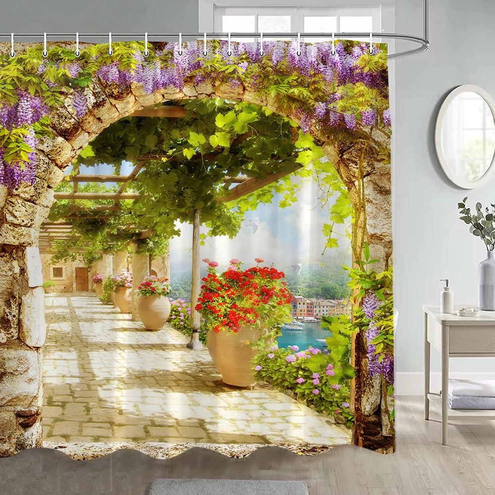 Italian Street View Shower Curtain Vintage Town Arch Floral Plant European Style Scenery Home Bathroom Curtains Decor with Hooks