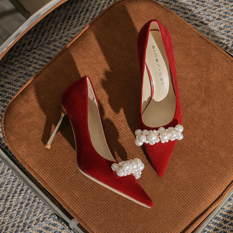 8820 Pointed High Heels Women's Thin Heels 2025 New Pearl Shallow Mouth Single Shoes Show Clothes Red Bridal Wedding Shoes