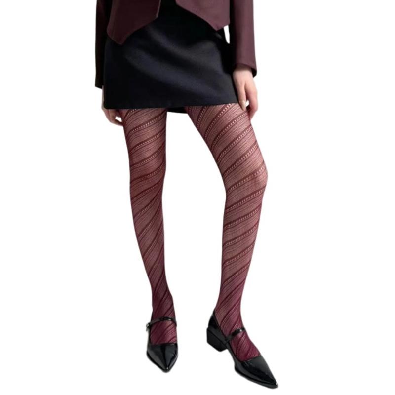 Aesthetic High Waist Fishnet Tights for Women Stretchy Pantyhose Elegant Hollowed Out Diagonal Stripe Mesh Stockings