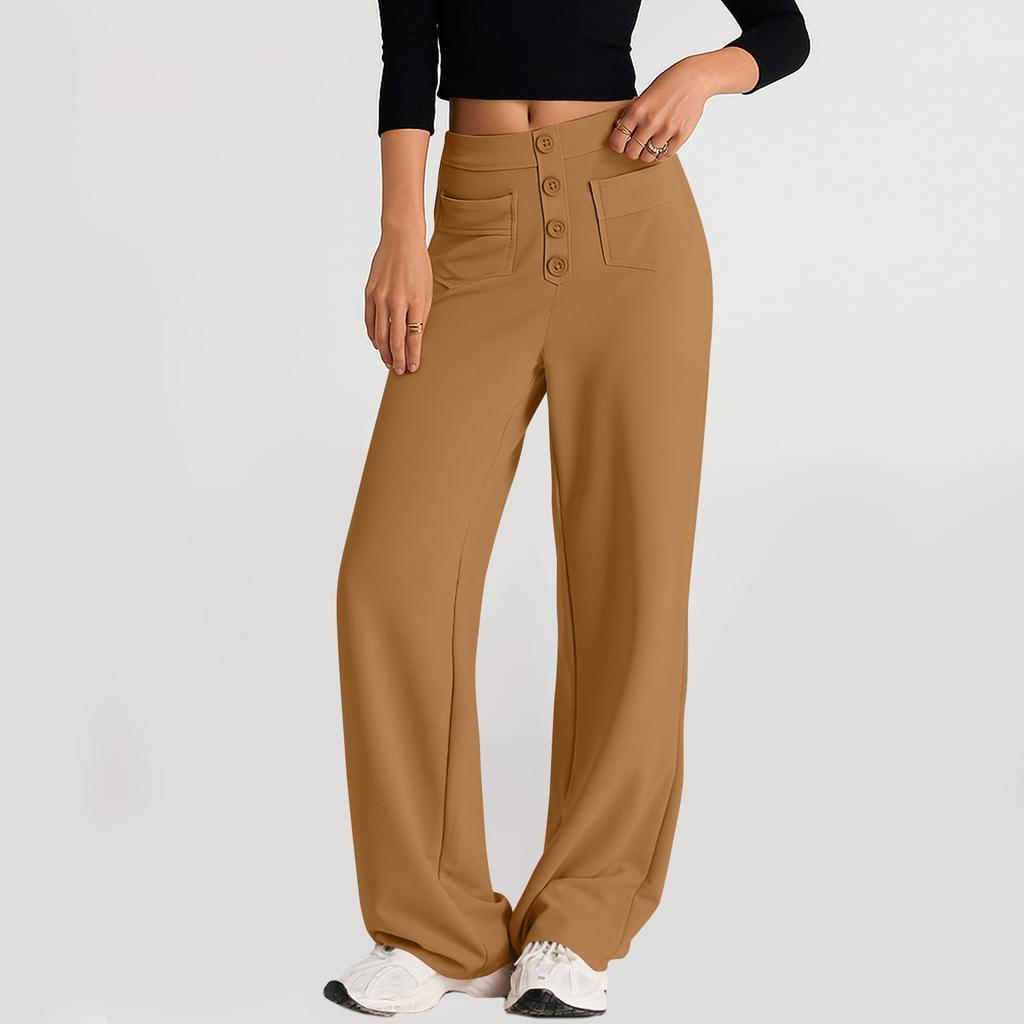 Women's Fashionable Solid Color Straight Leg Pants With High Waist Button Pockets And Elastic Waist Casual Pants