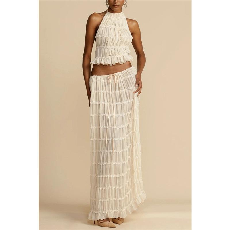 

Женский новый однотонный повседневный комплект из 2 предметов с халтер-вырезом, больше летней одежды без рукавов, свободный, для отпуска, женский юбочный костюм XL абрикосовый