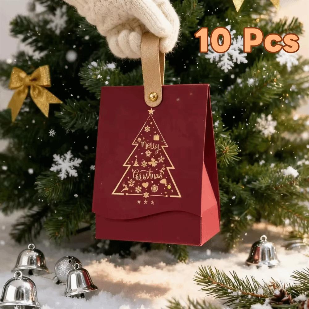 10PCS with Leather Handles Merry Christmas Candy Gift Box Hot-Stamped Cookie Package Bag Banquet