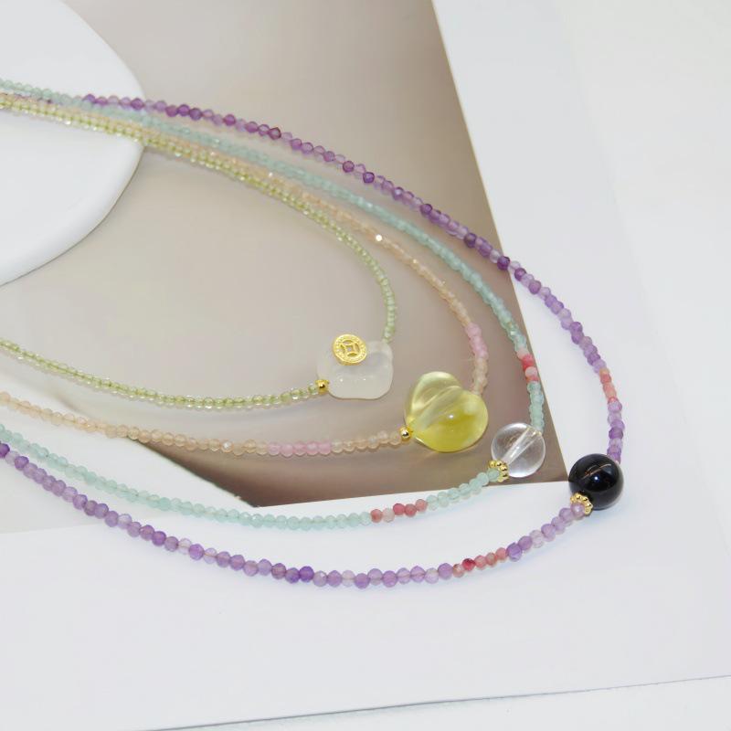 Korean Minimalist Zircon & Crystal Clavicle Necklace with Amethyst & Citrine