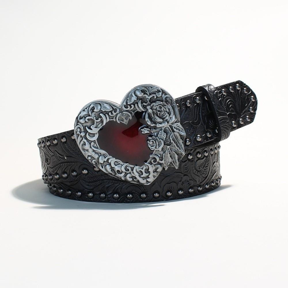 New Leather Heart-Shaped Belt Engraved Buckle Rivet Wide Waistband Belt Metal Rose Dress Waistband Gothic