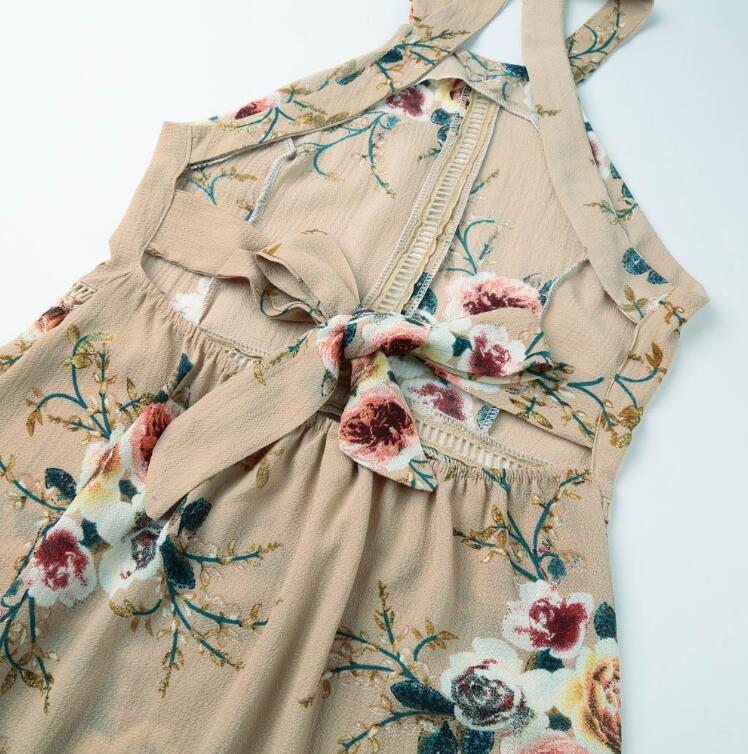 Women Halter Neck Chiffon Dress Floral Print Sleeveless Split Backless Long Dress Boho Dress