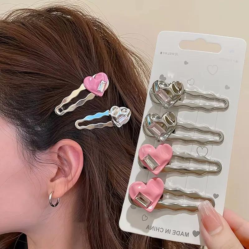 Metal Love Rhinestone Hair Clips Women's Hairpin Sweet Cool Bangs Side Duckbill Clip Hair Barrettes Korean Girls Headwear