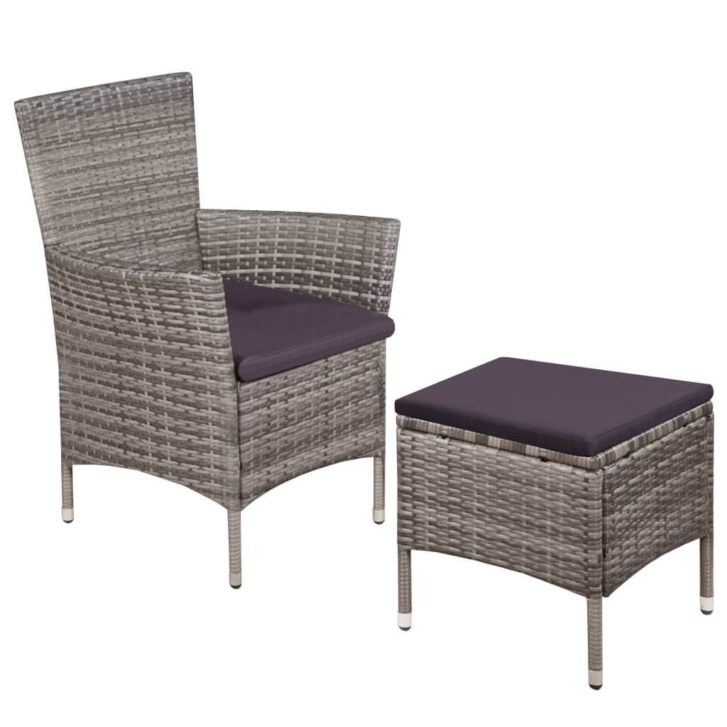 Garden Chair and Footstool with Cushions Grey Poly Rattan