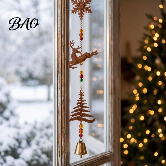 Festive Entrance Hall Decor Rustic Metal Christmas Elk Wind Chime, Xmas Hanging Ornament with Reindeer Holiday Atmosphere Door Hangers Snowflake Tree