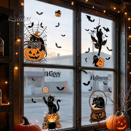Flexible Cuttable Vinyl Sheets 4Pcs Halloween Cartoon Window Clings, Pumpkin Ghost Scarecrow Stickers, Outdoor Balcony Scene Setting Removable