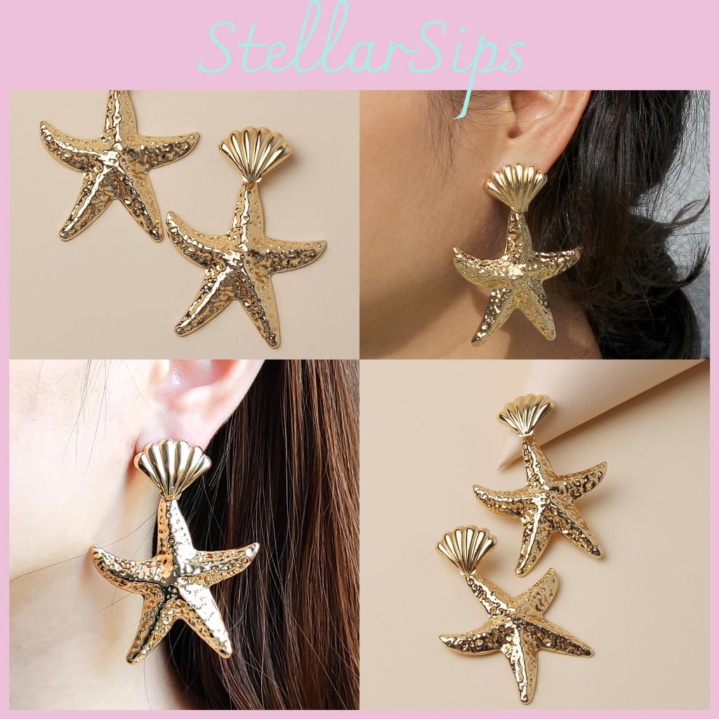 Shell Fashionable Gold Starfish Design Women Metal Earrings For Summer Beach
