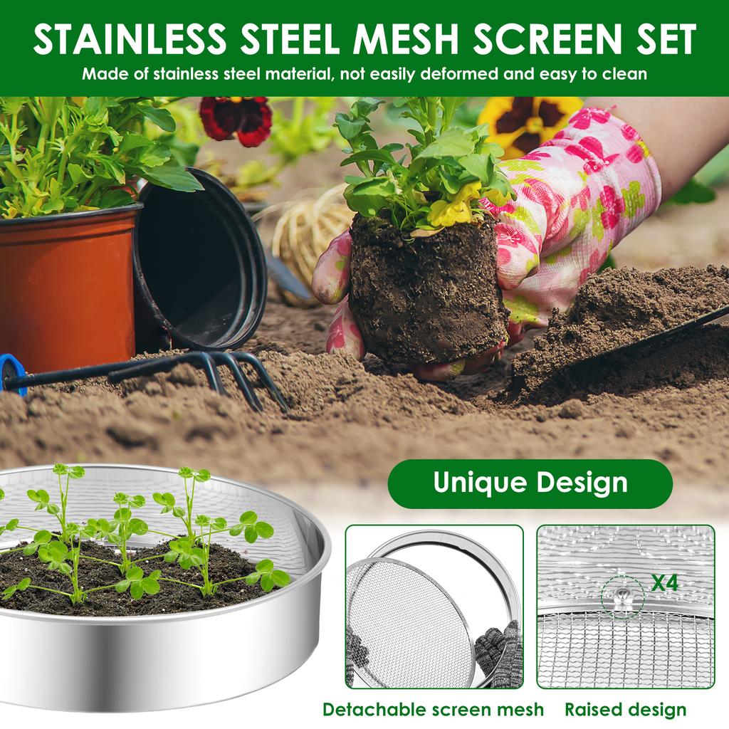 4Pcs Soil Sieves Mesh Set Round Stainless Steel Garden Soil Stone Filtration Kitchen Flour Powder Filter Screen Soil Strainer