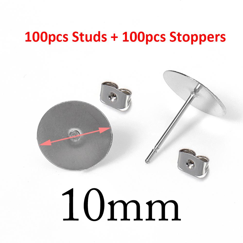 100pcs Gold Color 316L Stainless Steel Earring Studs DIY Ear Blank Post Pins 3-12mm Flat Round Tray Base Ear Jewelry Making DIY