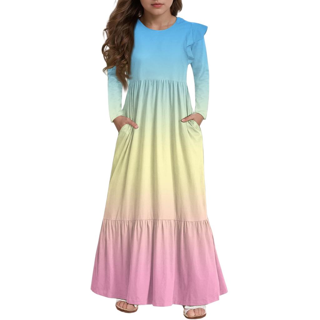 Mädchen Stufenkleid mit Rüschen - Langärmeliges bedrucktes Maxi mit Taschen