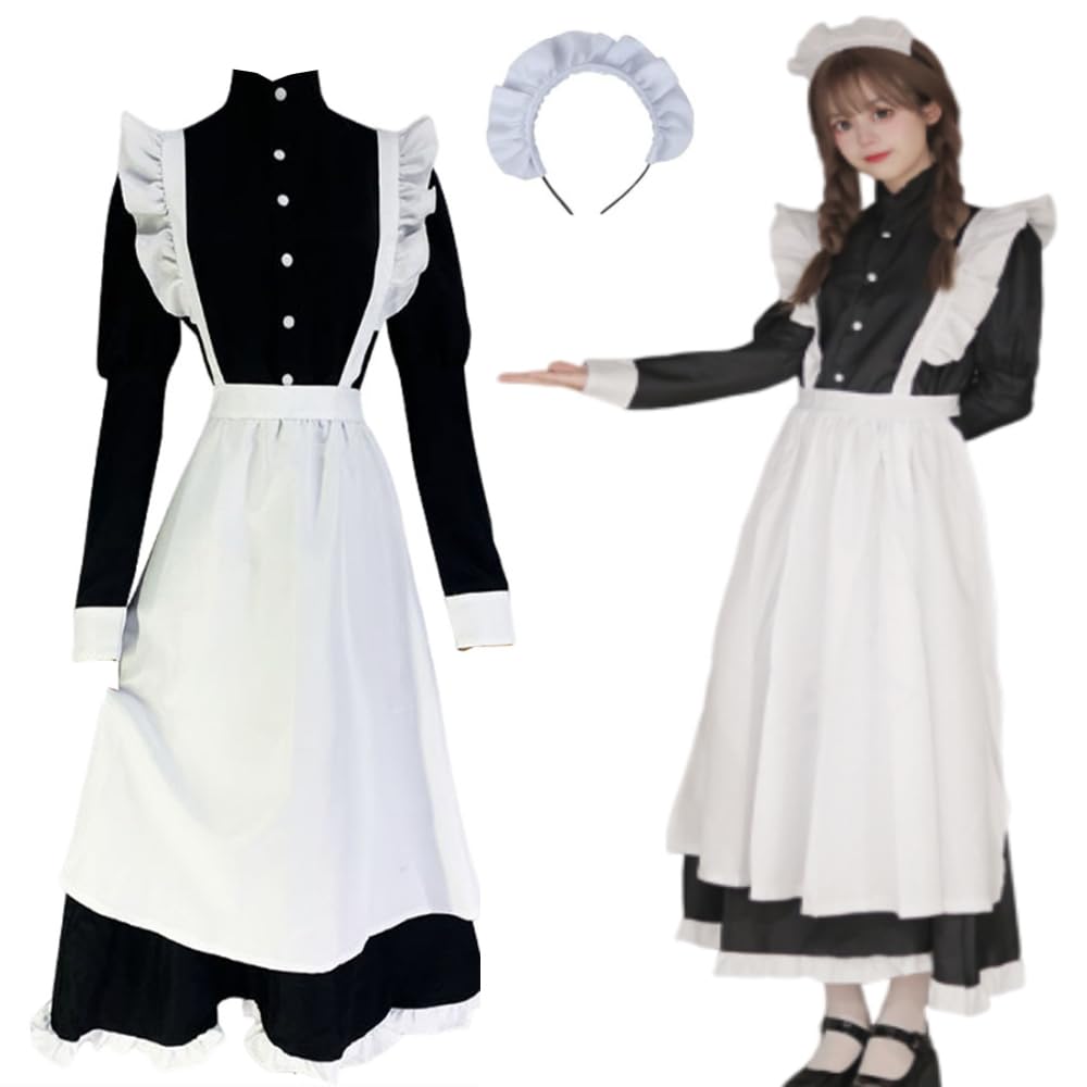 FULINE Maid Outfit with Long Skirt and British Style Cosplay Size for School Festivals Women's Apron, Costume, Black, S,
