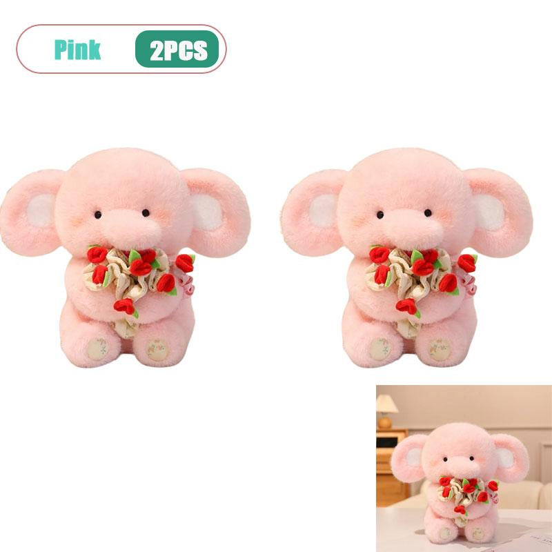 Cute Flower Holding Elephant Plush Toy Soft Stuffed Animal Doll Kids Birthday Valentines Day Gift Home Decor Fluffy Plushie