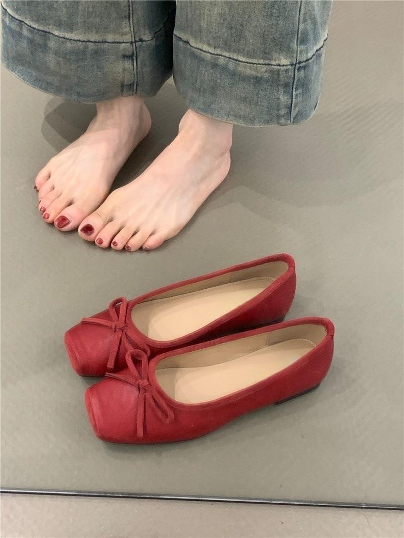 

Gentle ballet single shoes year elegant bow shallow mouth flat evening shoes 40 червоний