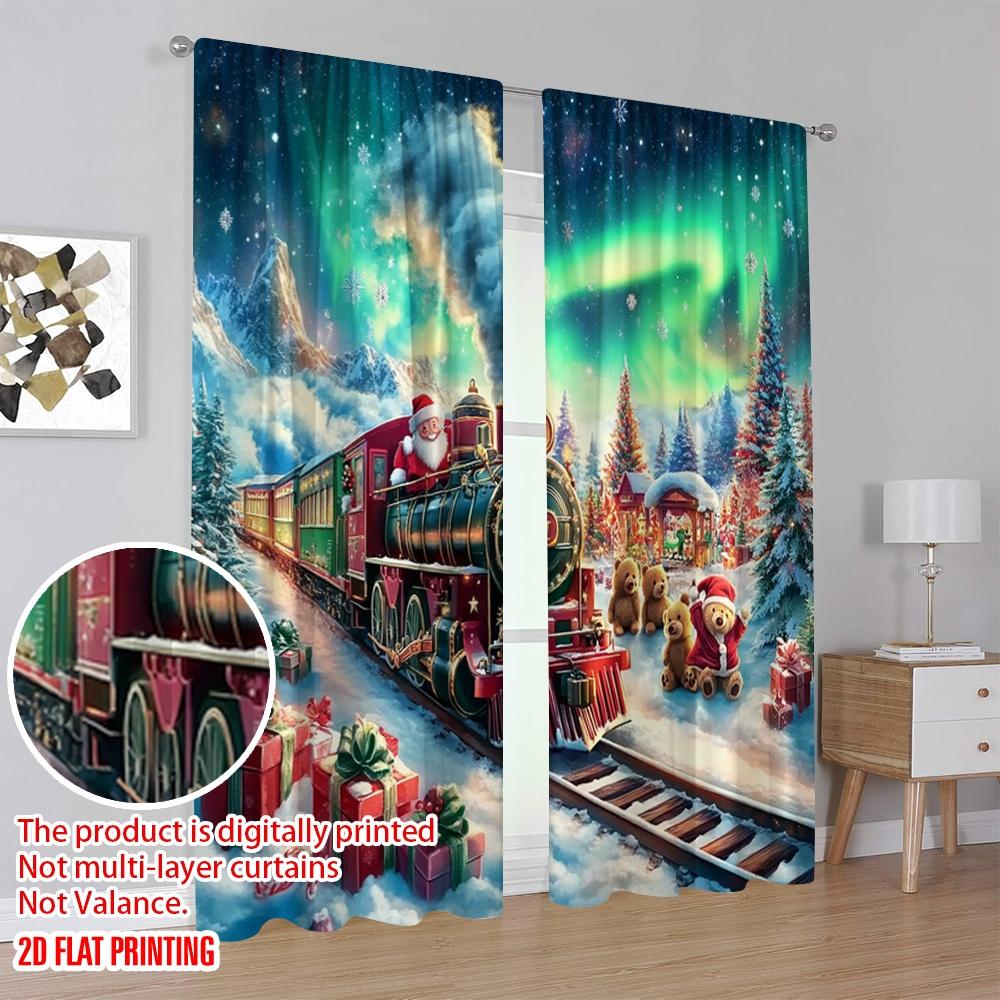 2pcs,2D Plane Printing Creative Curtains Christmas Train2 (3) Versatile Durable Polyester (without Rod) Room Decor Ldeal for