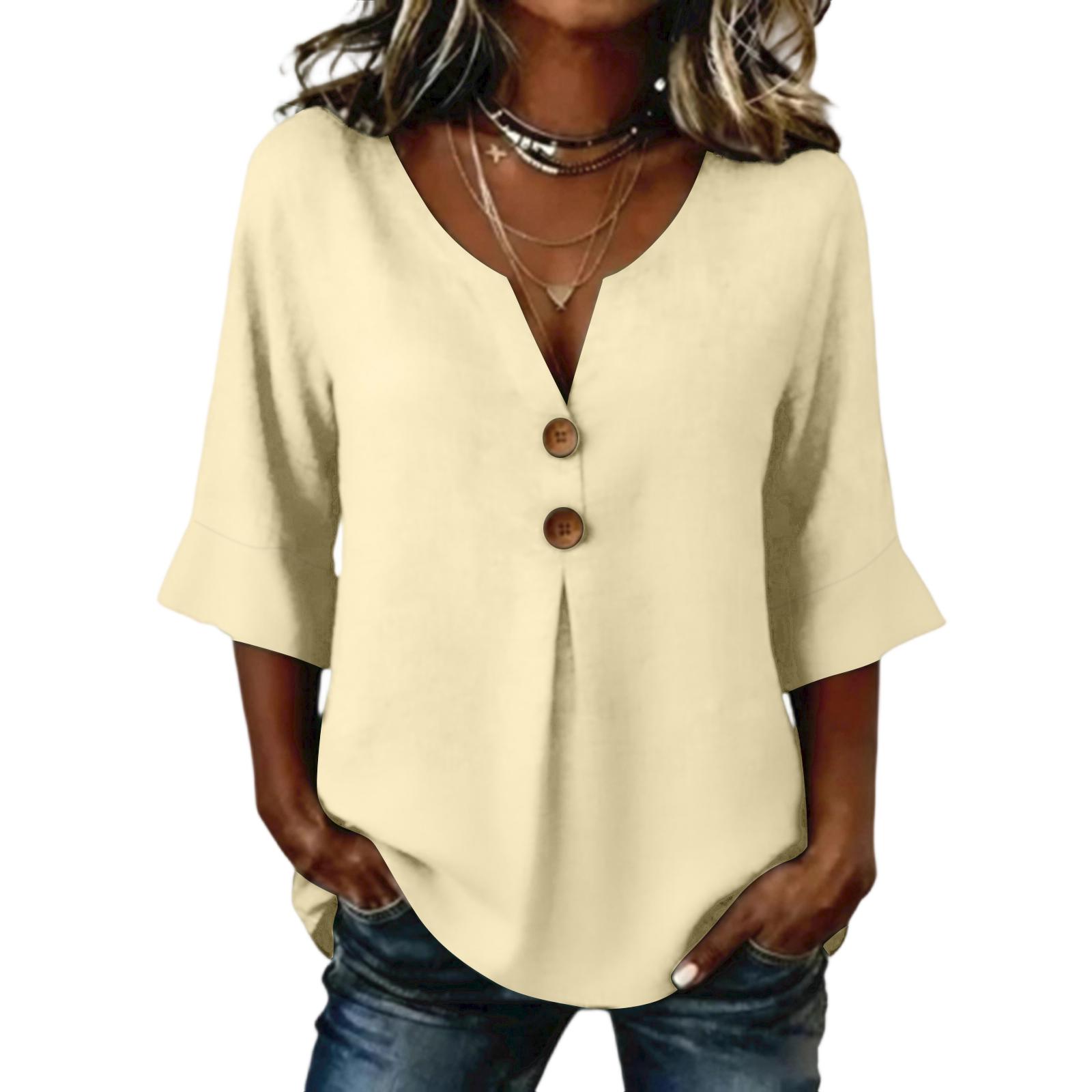 

Women s Color Loose Casual Cotton Linen V-neck Fashionable Mid Sleeved Shirt Top XL жовтий